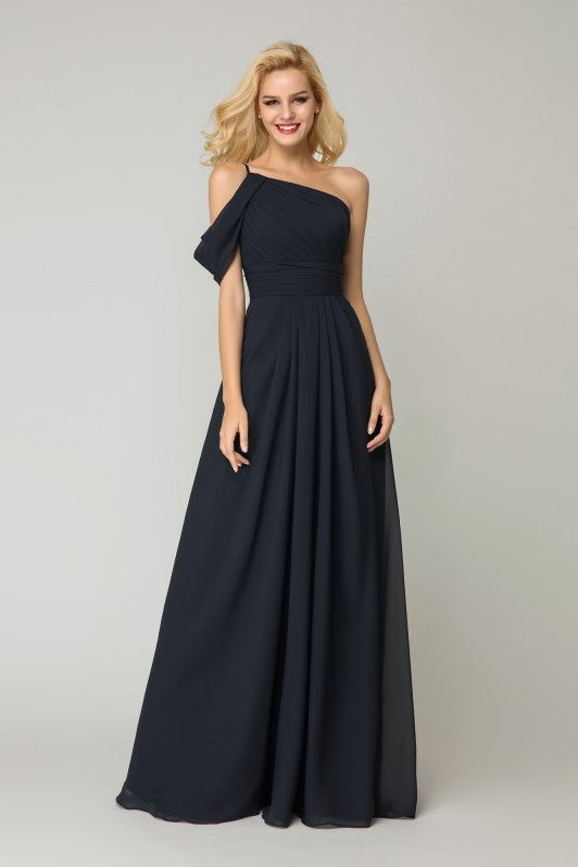 One-shoulder Dark Navy Bridesmaid Dress Chiffon Skirt – loveangeldress