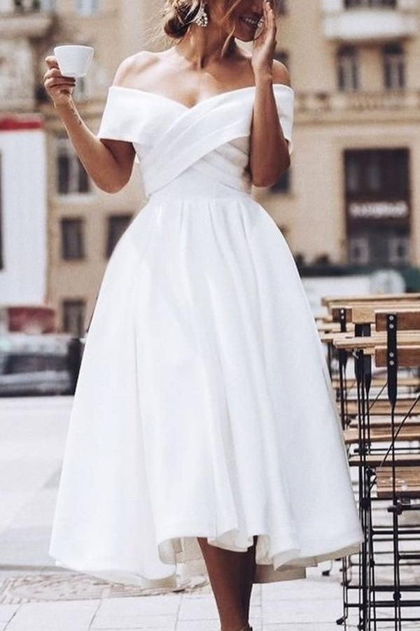 Pleated Off-the-shoulder White Prom Dress Tea-Length – loveangeldress