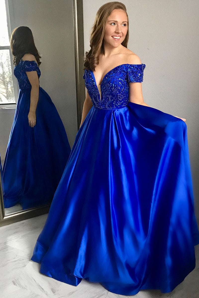 Plunging Neckline Beaded Royal Blue Evening Formal Dress Near Me