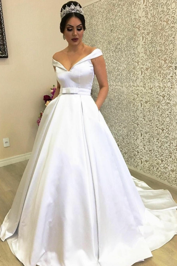 Plunging Off The Shoulder Satin Ball Gown Wedding Dress With Pockets Loveangeldress 9089