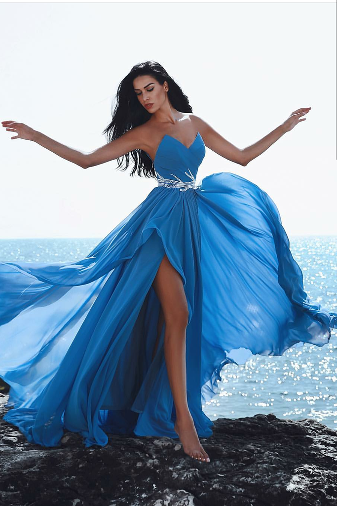 Plunging Sweetheart Blue Chiffon Prom Dress with Beaded Sash ...