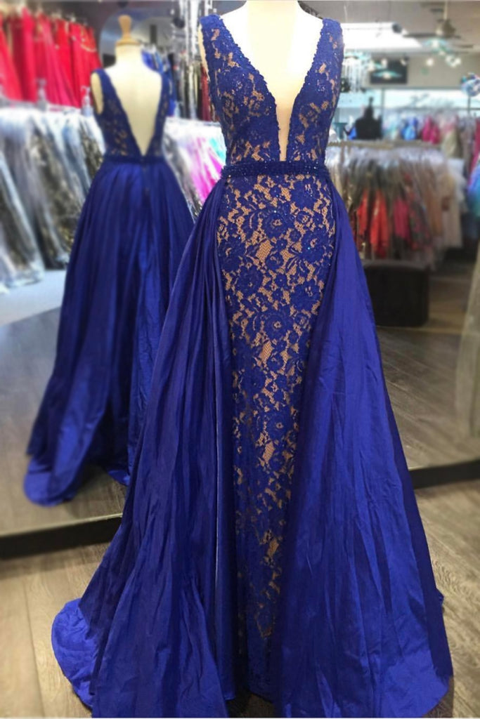 Plunging V-neck Royal Blue Lace Prom Dresses with Satin Skirt ...