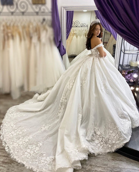 Princess Floral Lace Ball Gown Wedding Dress Off-the-shoulder ...