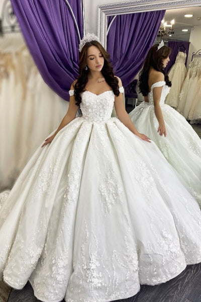 Princess Floral Lace Ball Gown Wedding Dress Off-the-shoulder ...