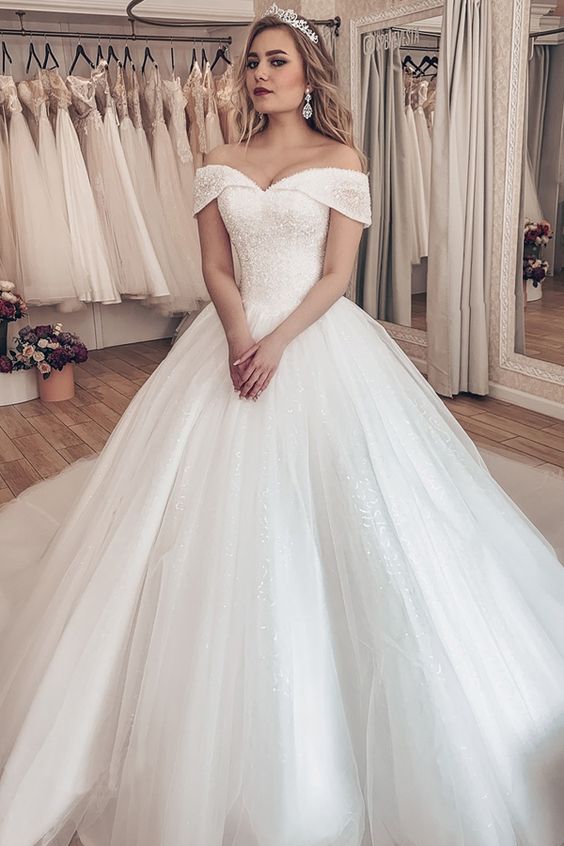 Princess Ivory Crystals Wedding Dresses with Off-the-shoulder ...