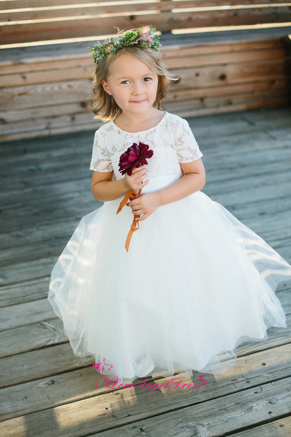 Puffy Tulle Lace Short Sleeves Flower Girls Wedding Party Dress ...