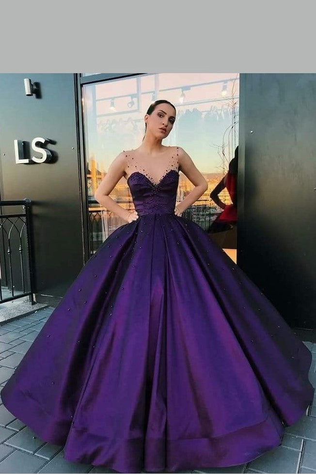 Purple Satin Ball Gown Dinner Party Dress with Illusion Straps ...
