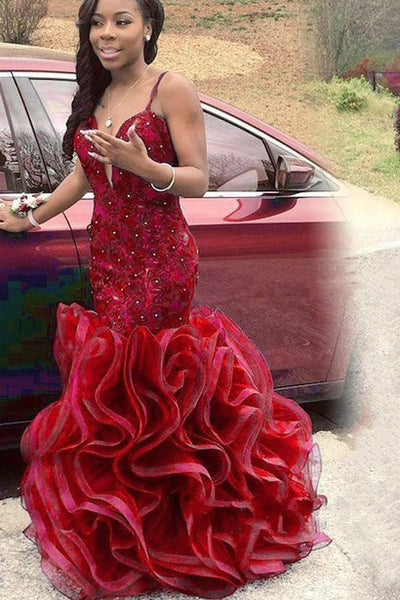 Red Lace Mermaid Style Prom Gown Ruffles Skirt vestido de fiesta de gr ...