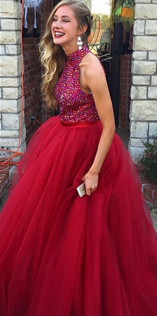 Rhinestones Bodice Sleeveless Red Formal Prom Gown with Tulle Skirt ...