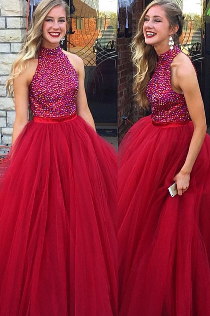 Rhinestones Bodice Sleeveless Red Formal Prom Gown with Tulle Skirt ...