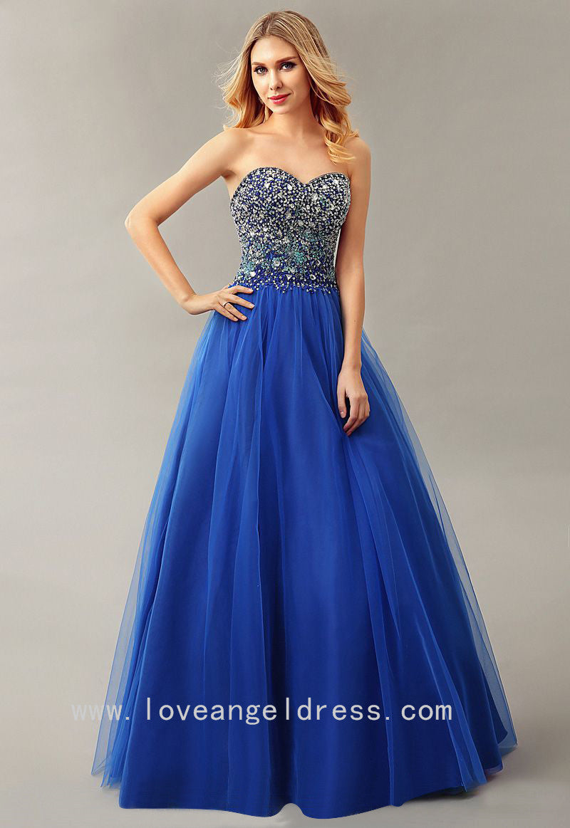 Rhinestones Sweetheart Blue Prom Ball Gown Backless vestido de formatu ...