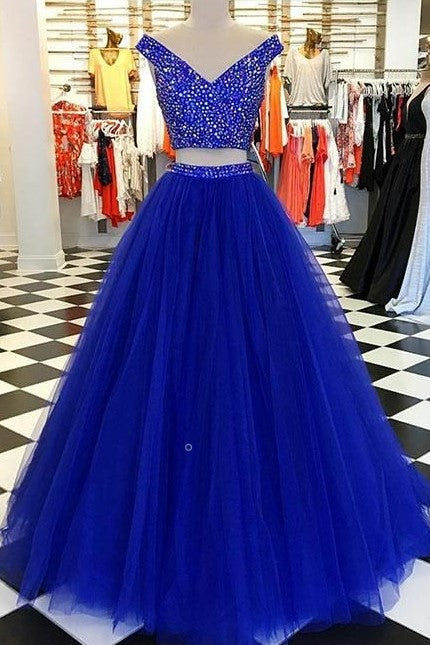 Rhinestones Two-piece Prom Gowns with Royal Blue Tulle Skirt ...