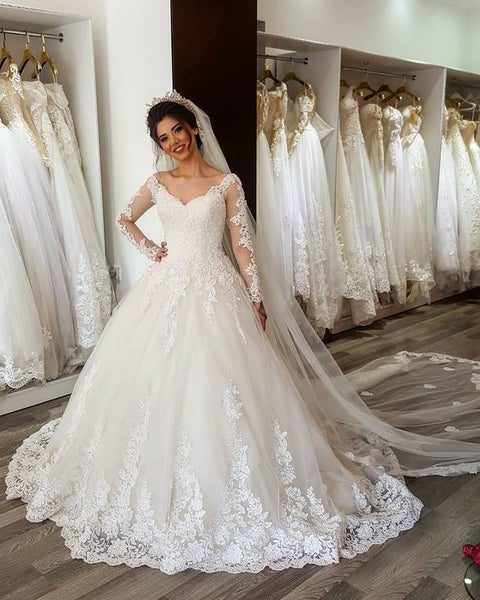 Romantic Lace Wedding Gown Dress with Sheer Long Sleeves – loveangeldress