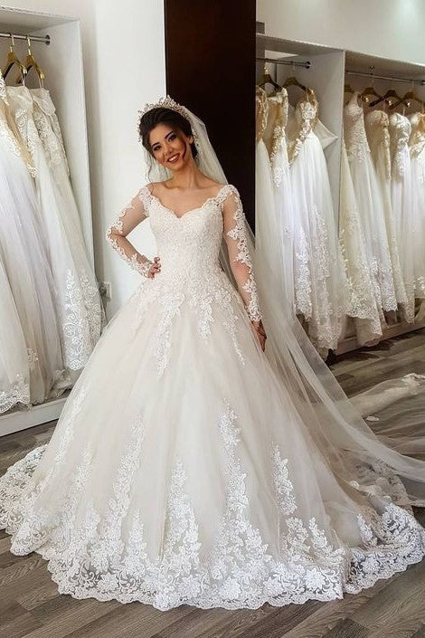 Romantic Lace Wedding Gown Dress with Sheer Long Sleeves – loveangeldress