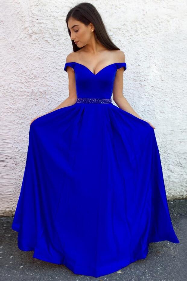 Royal Blue A-line Long Prom Dresses with Beaded Waistband – loveangeldress