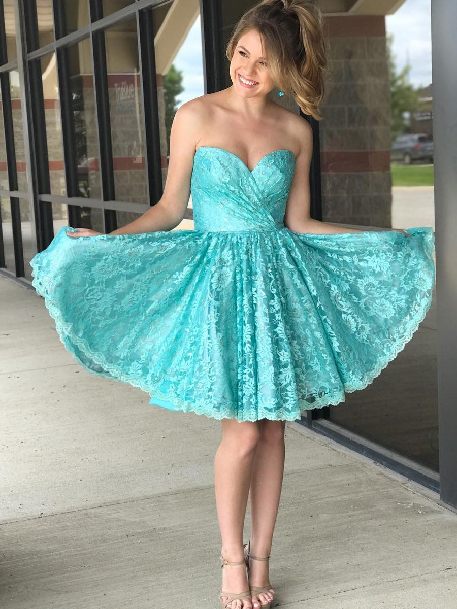 Ruched Sweetheart Lace Tiffany Blue Homecoming Dresses Short ...
