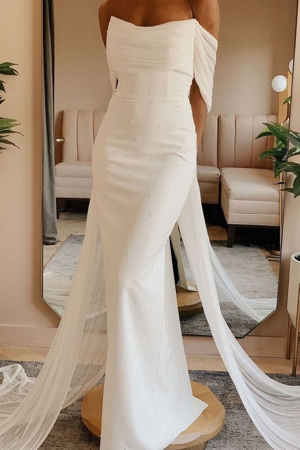 off the shoulder sheath wedding dress