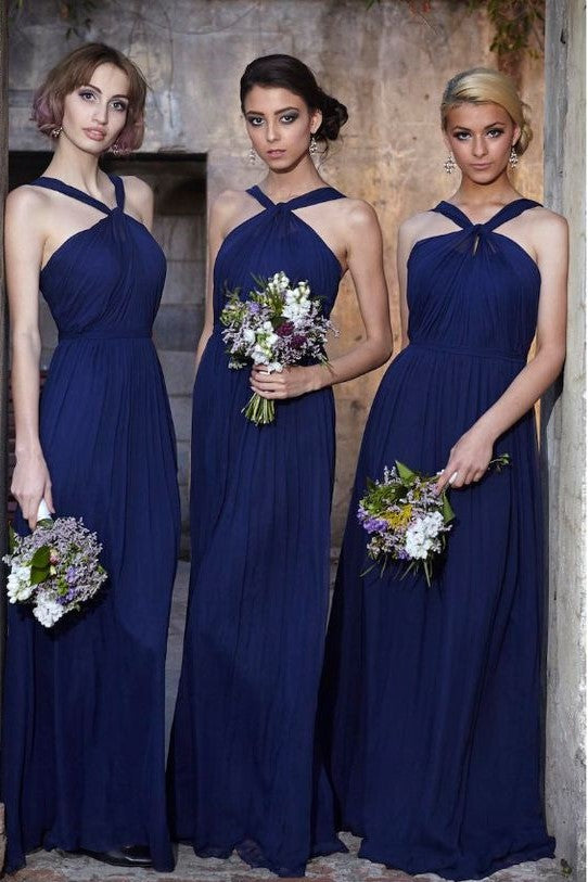 Ruching Orange Chiffon Bridesmaid Dresses with Halter Neckline ...