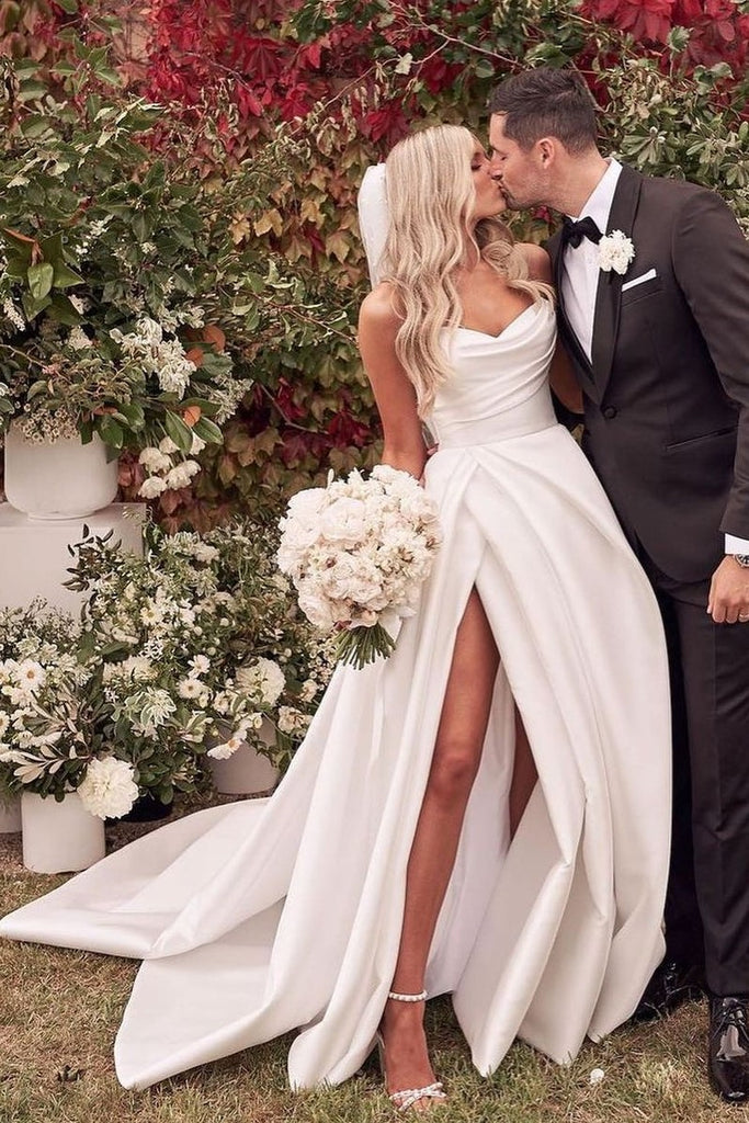 Ruching Strapless Satin Bridal Dress with Leg Slit – loveangeldress