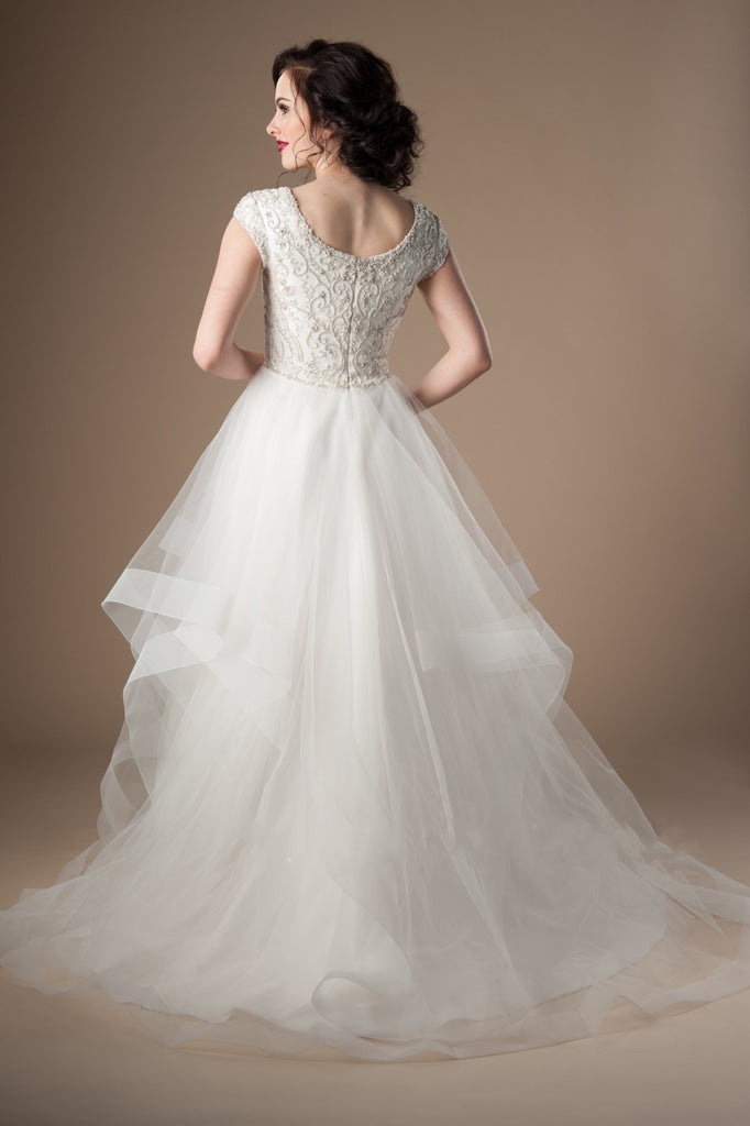 Ruffles Tulle Ivory Wedding Dress with Crystals Cap Sleeves ...