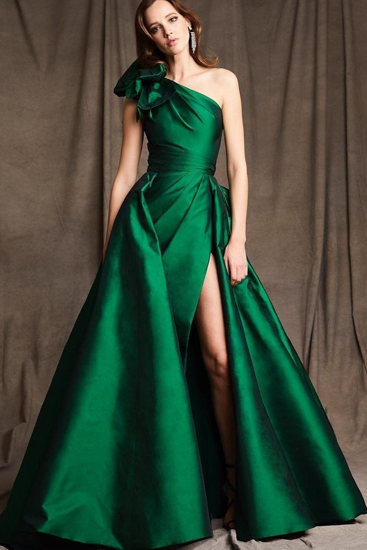 Satin Green Single Shoulder Prom Gown with Leg Slit – loveangeldress