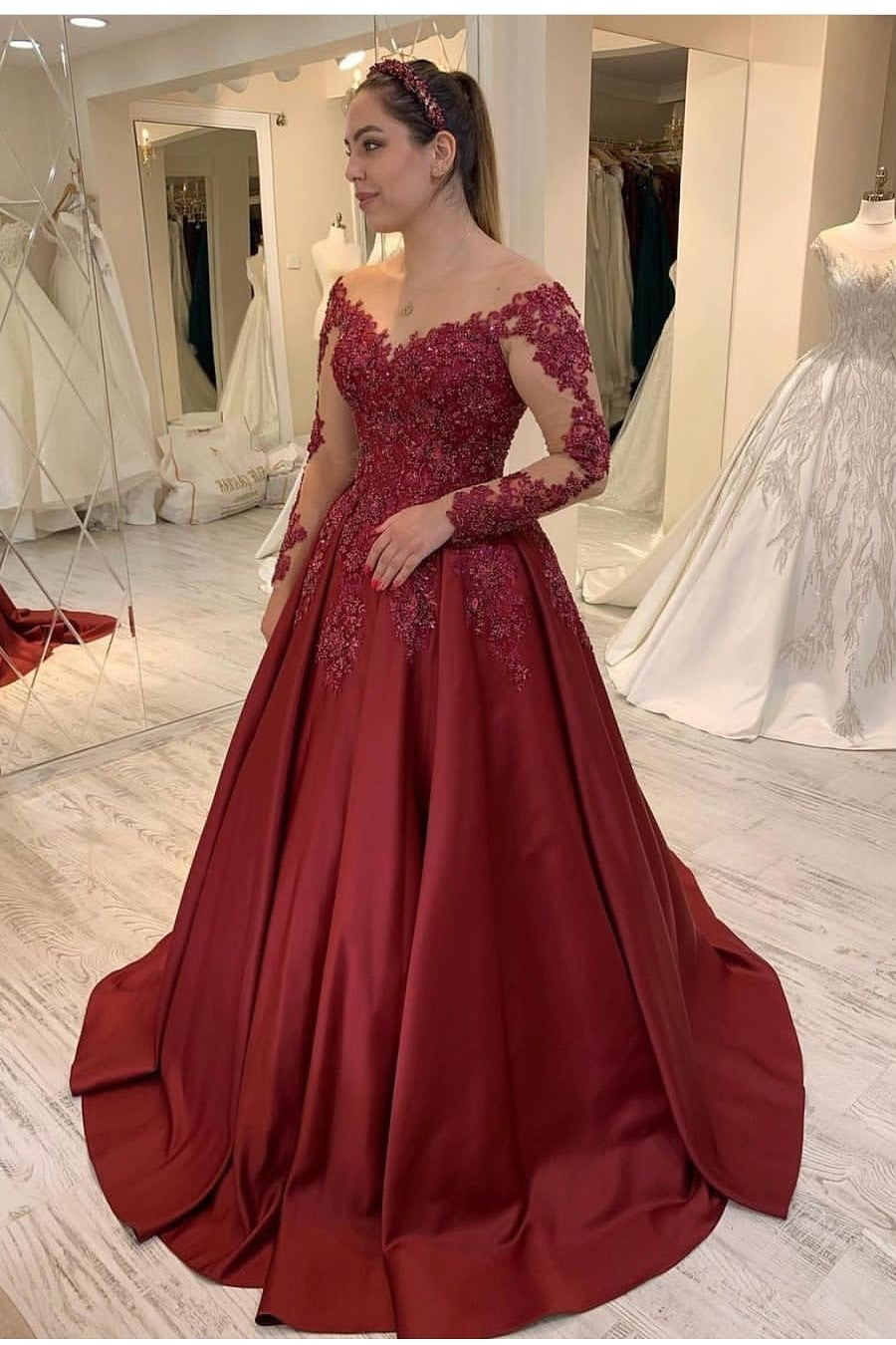 Satin Lace Burgundy Evening Gown With Illusion Sleeves Loveangeldress 