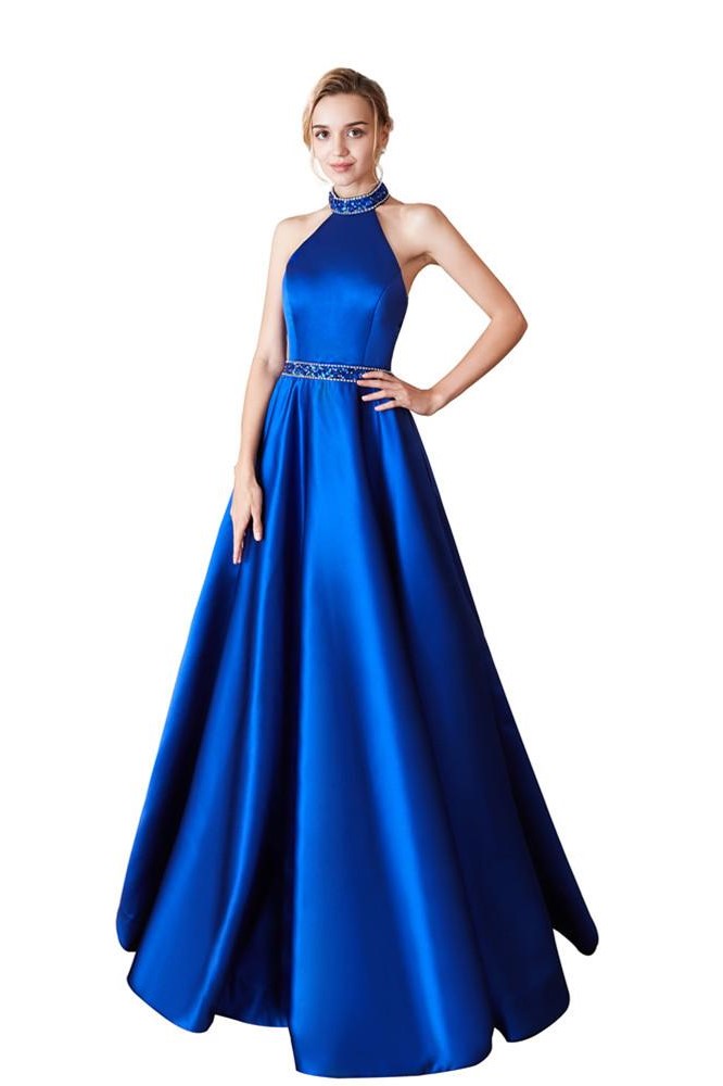 Satin Royal Blue Prom Dress Beaded Halter Neckline – loveangeldress