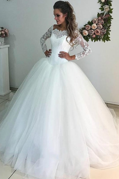 Scalloped Lace Tulle Bridal Dress with Long Sleeves – loveangeldress