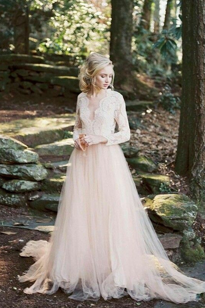 Scalloped Lace V-neck Blush Wedding Dress Long Sleeves vestido de casa ...