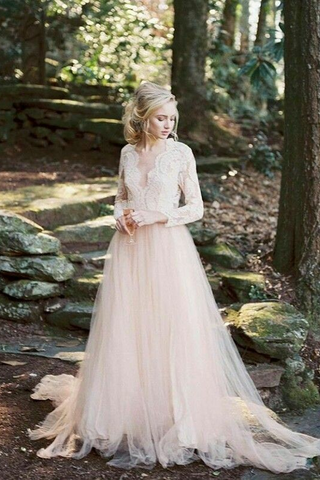 long sleeve blush wedding dress