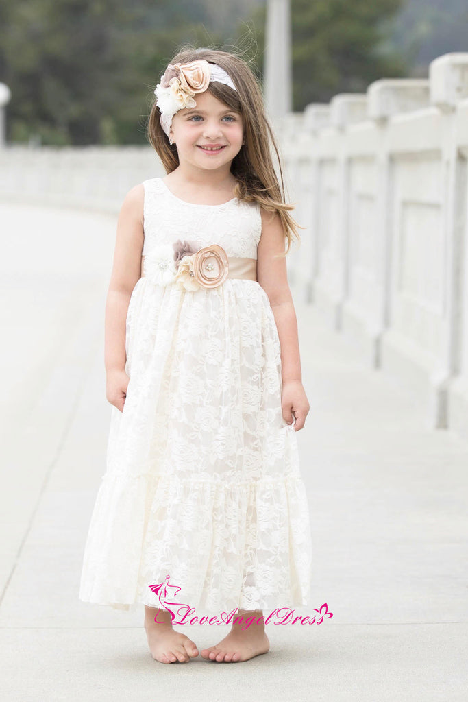 Scoop Neck Ankle Length Ivory Lace Baby Girl Dresses with Flower Belt ...