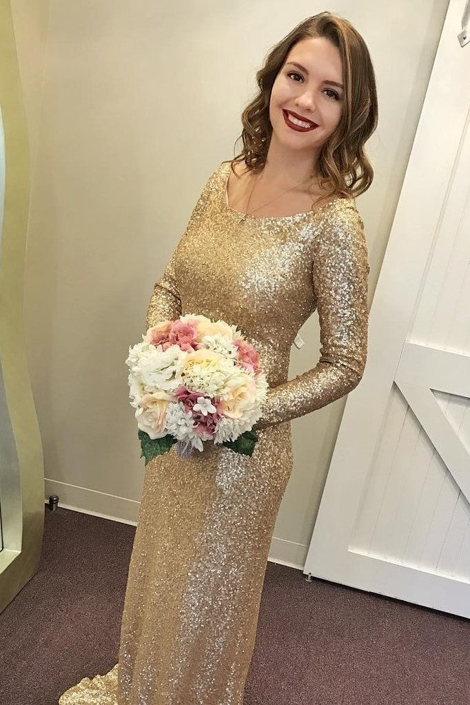 long sleeve gold bridesmaid dresses