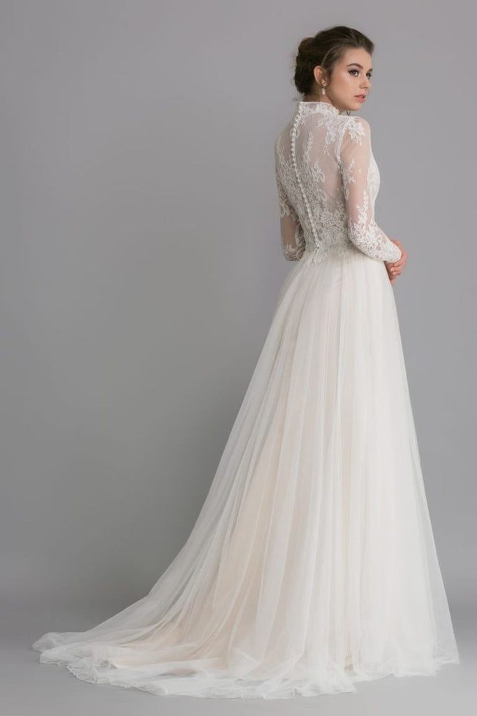 See-through High Neck Wedding Gown Lace Long Sleeves Tulle Skirt ...