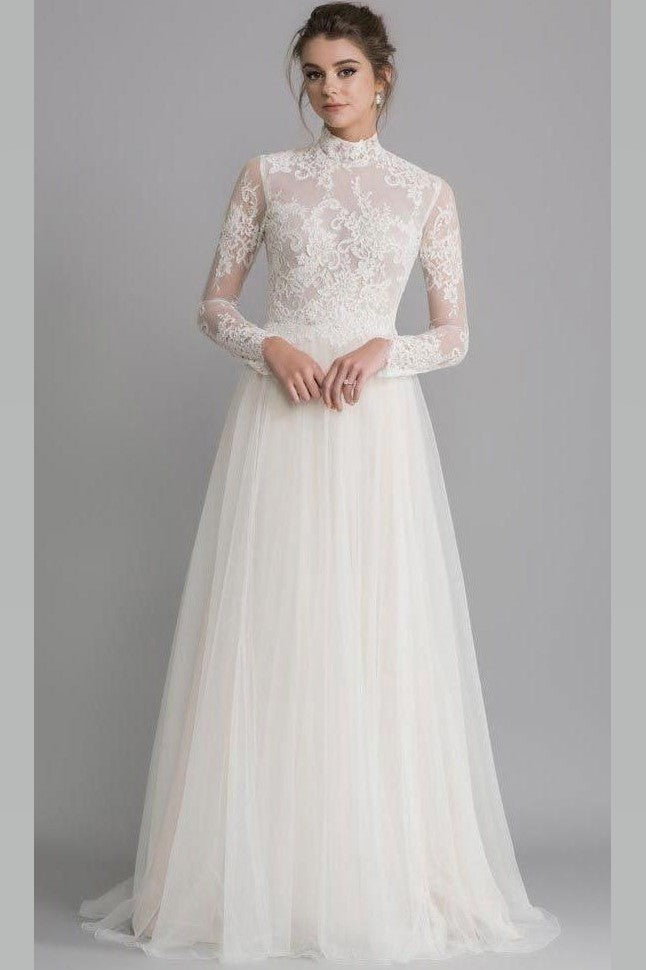 See Through High Neck Wedding Gown Lace Long Sleeves Tulle Skirt Loveangeldress