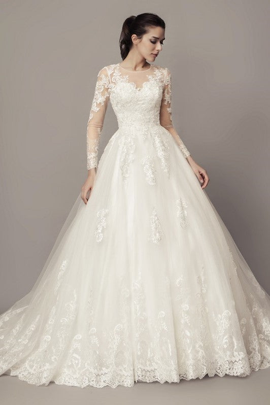 See-through Long Sleeves Ball Gown Wedding Dress Lace Tulle Cathedral ...