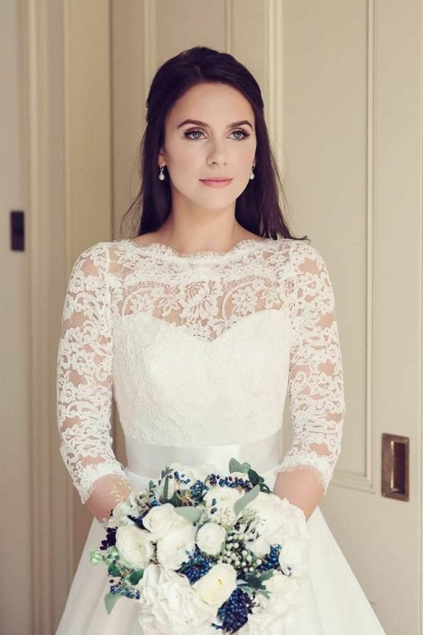 see-through-neckline-lace-ivory-wedding-dresses-3-4-sleeves-loveangeldress