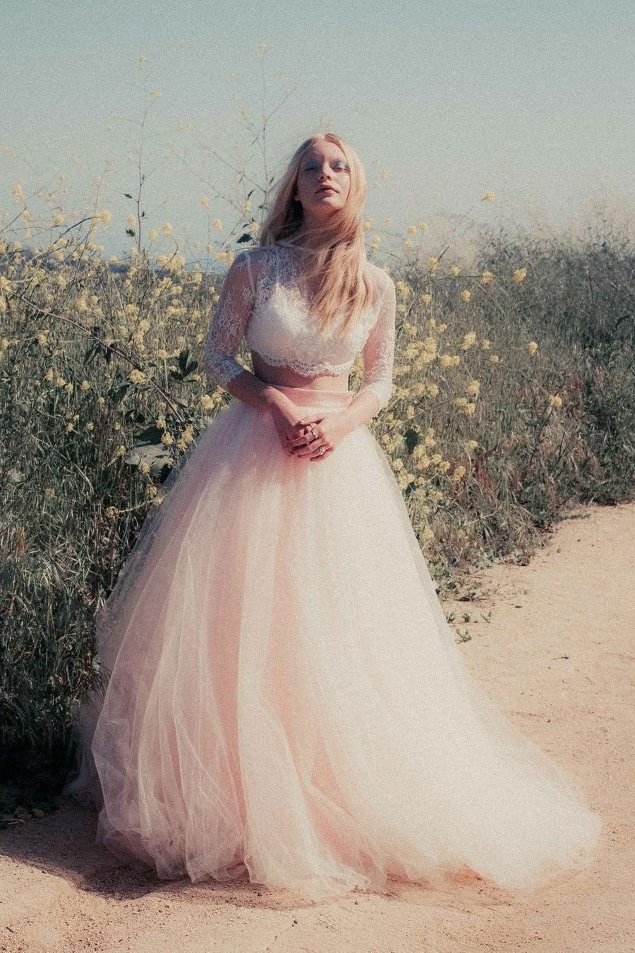Sheer Lace Two Piece Wedding Dress Blush Pink Tulle Skirt – loveangeldress