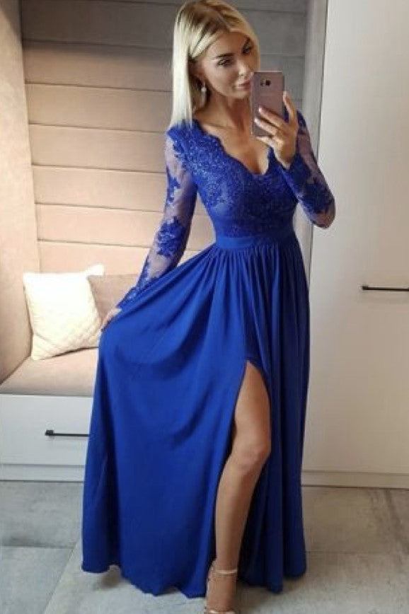 Sheer Long Sleeves Prom Dress with Lace V-neckline – loveangeldress