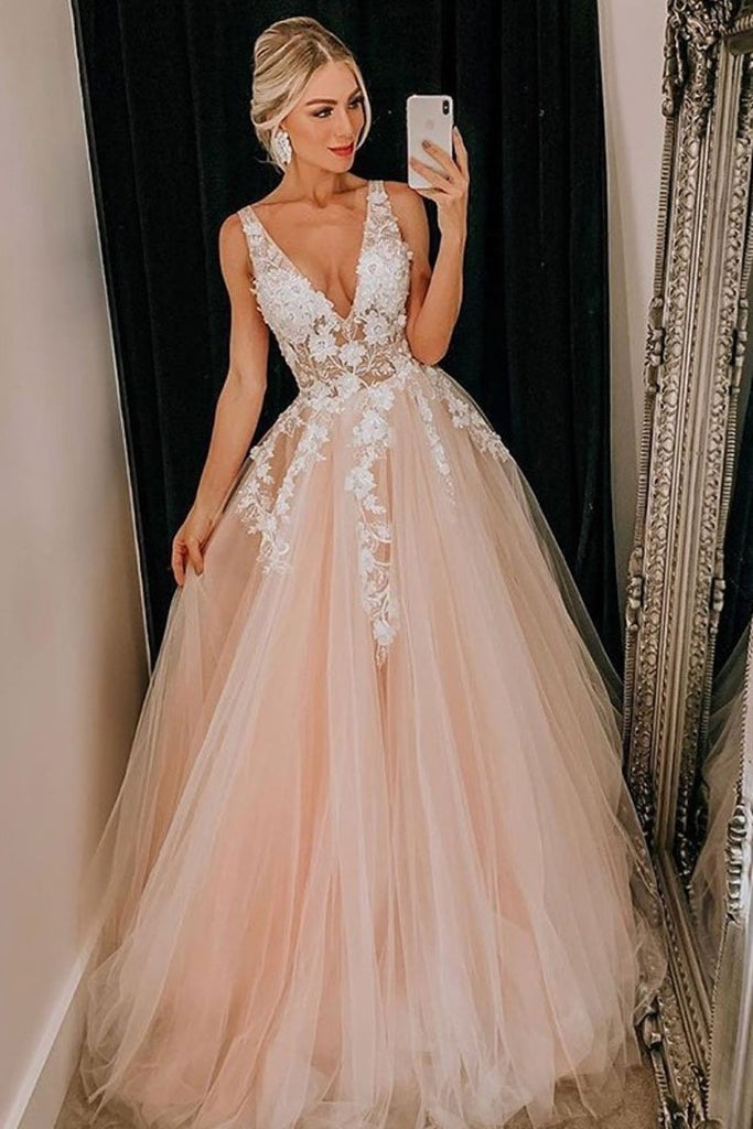 Sheer V Neckline Lace Blush Pink Wedding Dress Tulle Skirt Loveangeldress 