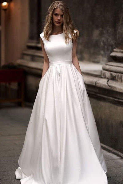  Simple  Long Satin A line Wedding  Dresses  with Pockets  