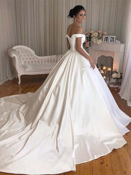 Simple Satin Bridal Gowns Long Train With Off The Shoulder Loveangeldress 