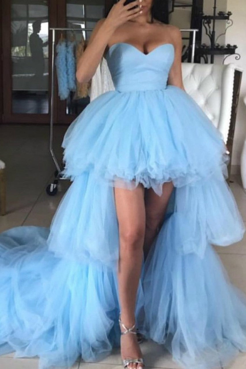 Sky Blue Sweetheart High Low Prom Dresses With Rich Tulle Long Train Loveangeldress 5940