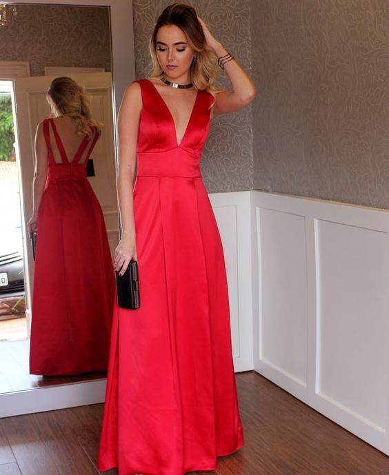 Sleeveless Satin V-neck Red Long Simple Prom Dresses – loveangeldress