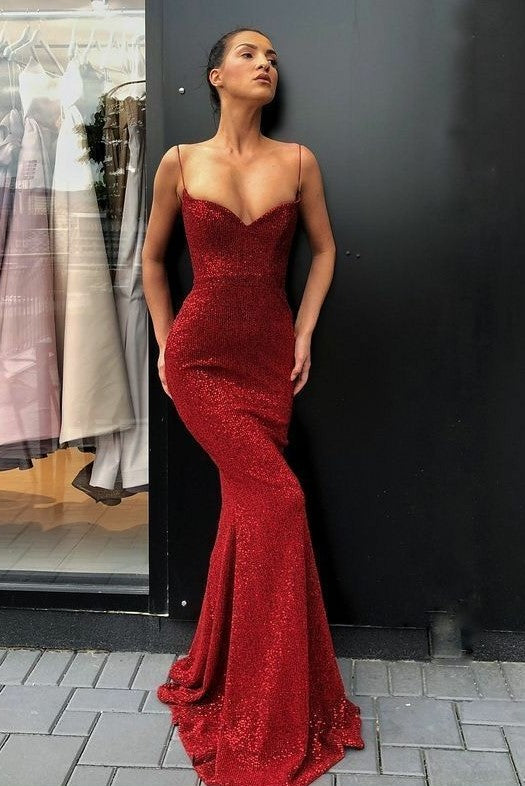 Spaghetti Straps Sexy Red Sequin Prom Dress Mermaid – loveangeldress