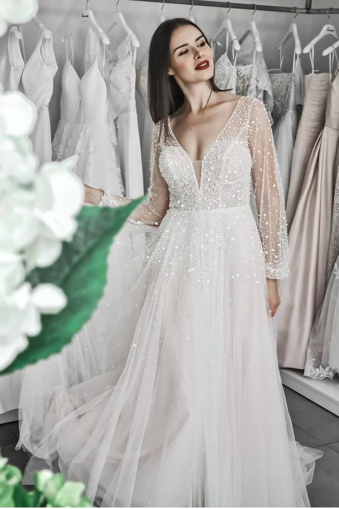 Sparkling Beaded Wedding Dress with Sheer Long Sleeves – loveangeldress