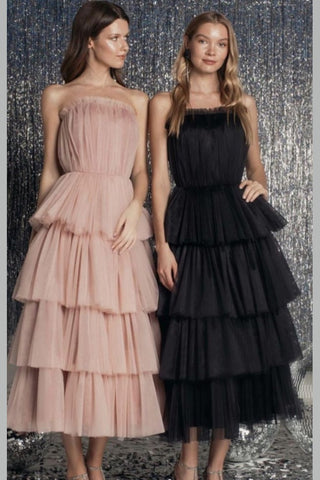 strapless black tulle dress