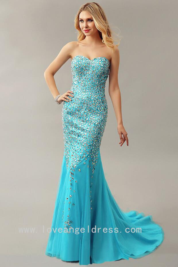 Strapless Tiffany Blue Rhinestones Prom Dresses Long – loveangeldress