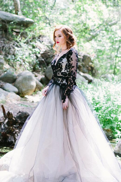 Stylish Lace Appliqued Tulle Black Wedding Gown with Sleeves ...