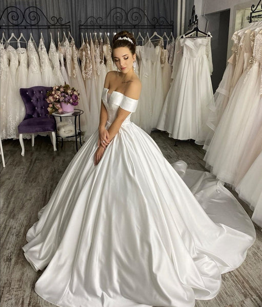 Stylish Off-the-shoulder Sleeves Wedding Gown with Satin Long Train ...