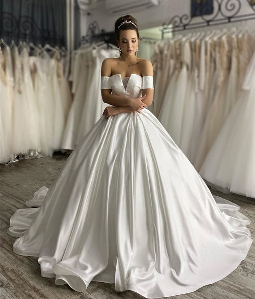 Stylish Off-the-shoulder Sleeves Wedding Gown with Satin Long Train ...